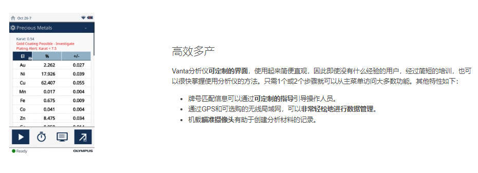 用于贵金属分析的Vanta分析仪高效多产 Vanta分析仪可定制的界面，使用起来简便直观，因此即使没有什么经验的用户，经过简短的培训，也可以很快掌握使用分析仪的方法。只需1个或2个步骤就可以从主菜单访问大多数功能。其他特性如下：  牌号匹配信息可以通过可定制的指导引导操作人员。 通过GPS和可选购的无线局域网，可以非常轻松地进行数据管理。 机载瞄准摄像头有助于创建分析材料的记录。